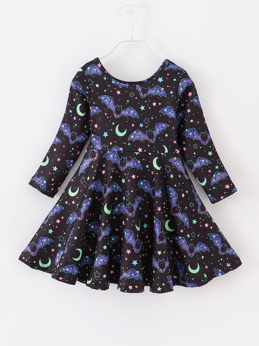 (Custom Design Preorder MOQ 5) Bat Stars Print Girls Knee Length Halloween Dress