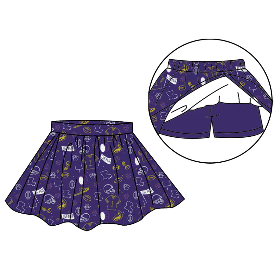 (Custom Design Preorder MOQ 5 Each Item) Team's Cheer Purple Print Summer Bottom Skirts Shorts Mom and Me Matching Clothes