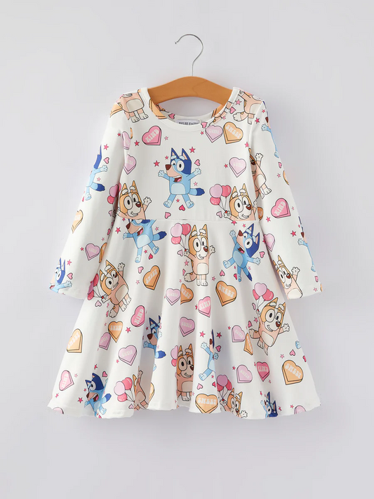 (Custom Design Preorder MOQ 5)  Cartoon Dog Heart Print Girls Valentine's Day Knee Length Dress