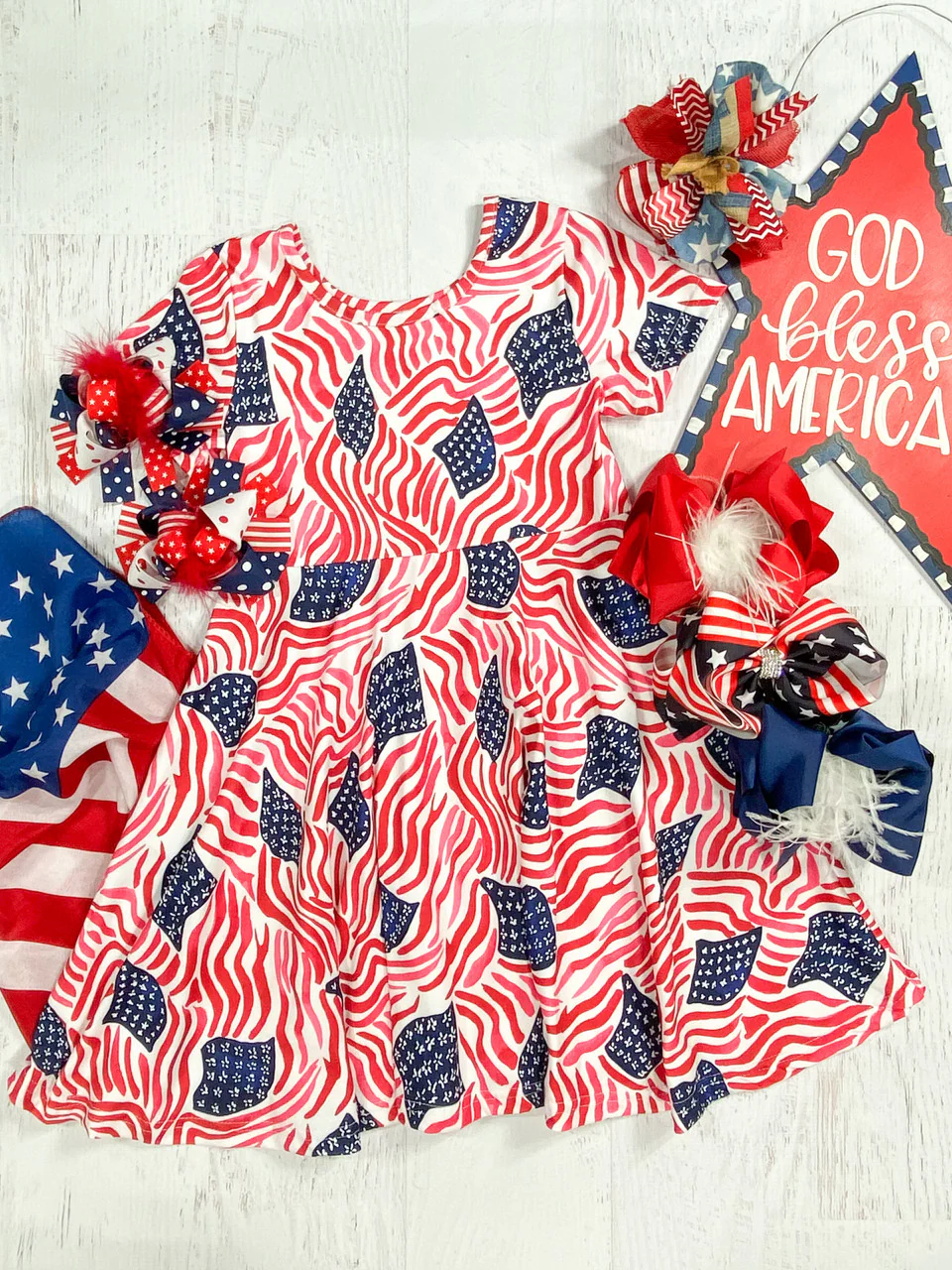 (Custom Design Preorder MOQ 5) Flag Print Girls 4th of July Knee Length Dress