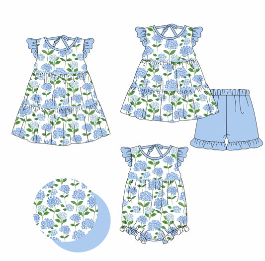 2.18(Custom Design Preorder MOQ 5 Each Design) Blue Flowers Print Girls Summer Matching Clothes Sisters Wear