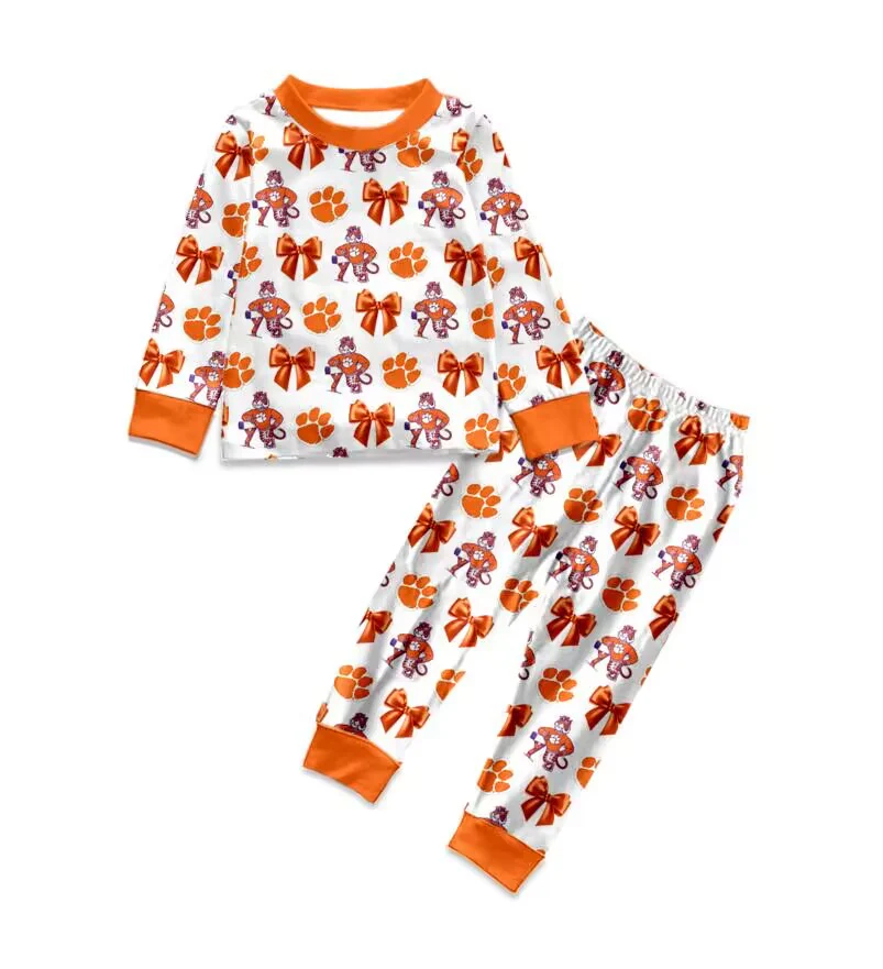 (Custom Design Preorder MOQ 5) Team's PAW Orange Print Boys Fall Bamboo Pajamas Clothes Set