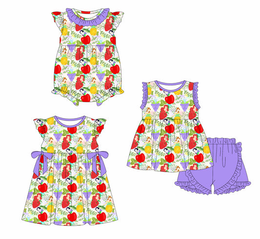 1.4(Custom Design Preorder MOQ 5 Each Design) Cartoon Princess Fruit Print Girls Summer Matching Clothes Sisters Wear
