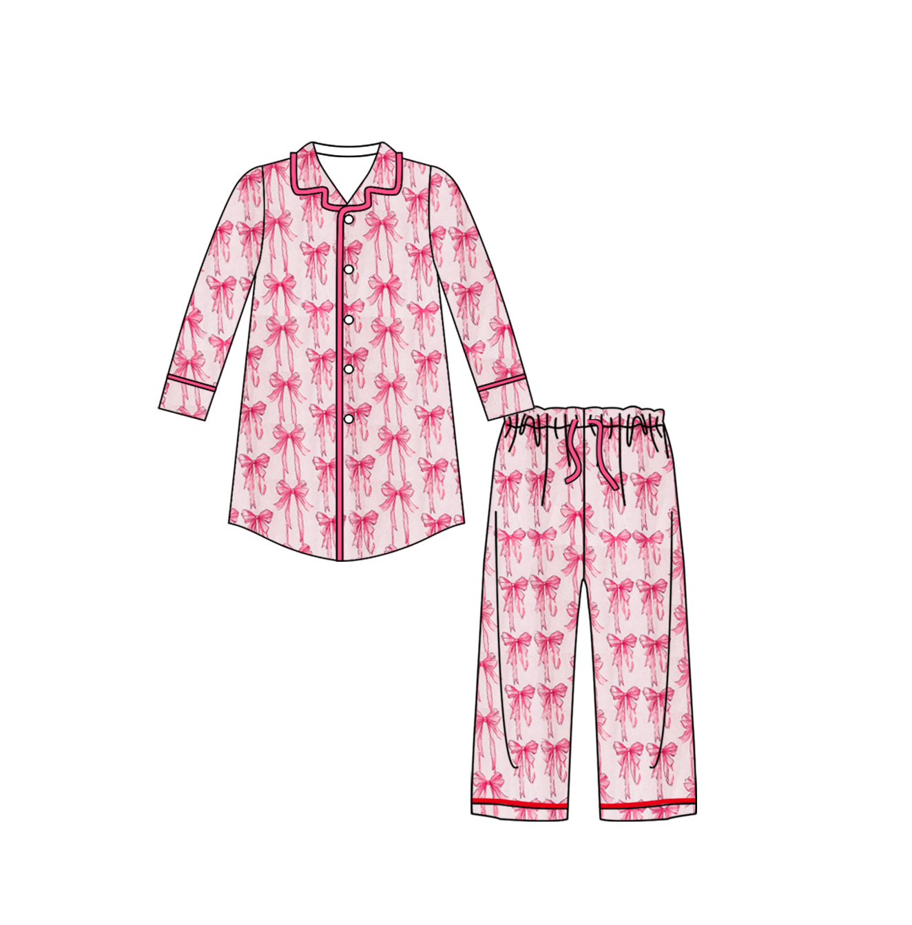 (Custom Design MOQ 5) Pink Bows Print Adult Pajamas Buttons Clothes Set