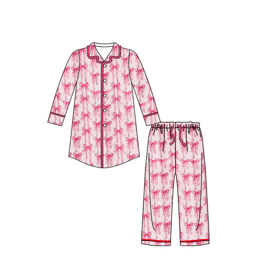 (Custom Design MOQ 5) Pink Bows Print Adult Pajamas Buttons Clothes Set