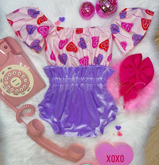 (Custom Design Preorder MOQ 5) Heart Top Purple Velvet Shorts Baby Girls Valentine's Bummie Set