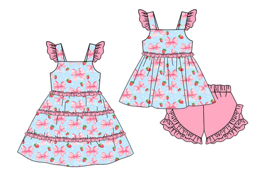 12.14(Custom Design Preorder MOQ 5 Each Design) Strawberry Bows Print Girls Summer Matching Clothes Sisters Wear