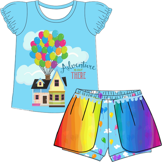 (Custom Design Preorder MOQ 5) Cartoon Balloon Print Girls Summer Clothes Set