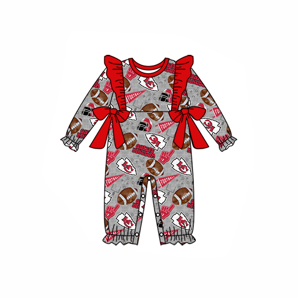 (Custom Design Preorder MOQ 5) Team's KC Gray Print Bows Baby Girls Fall Romper