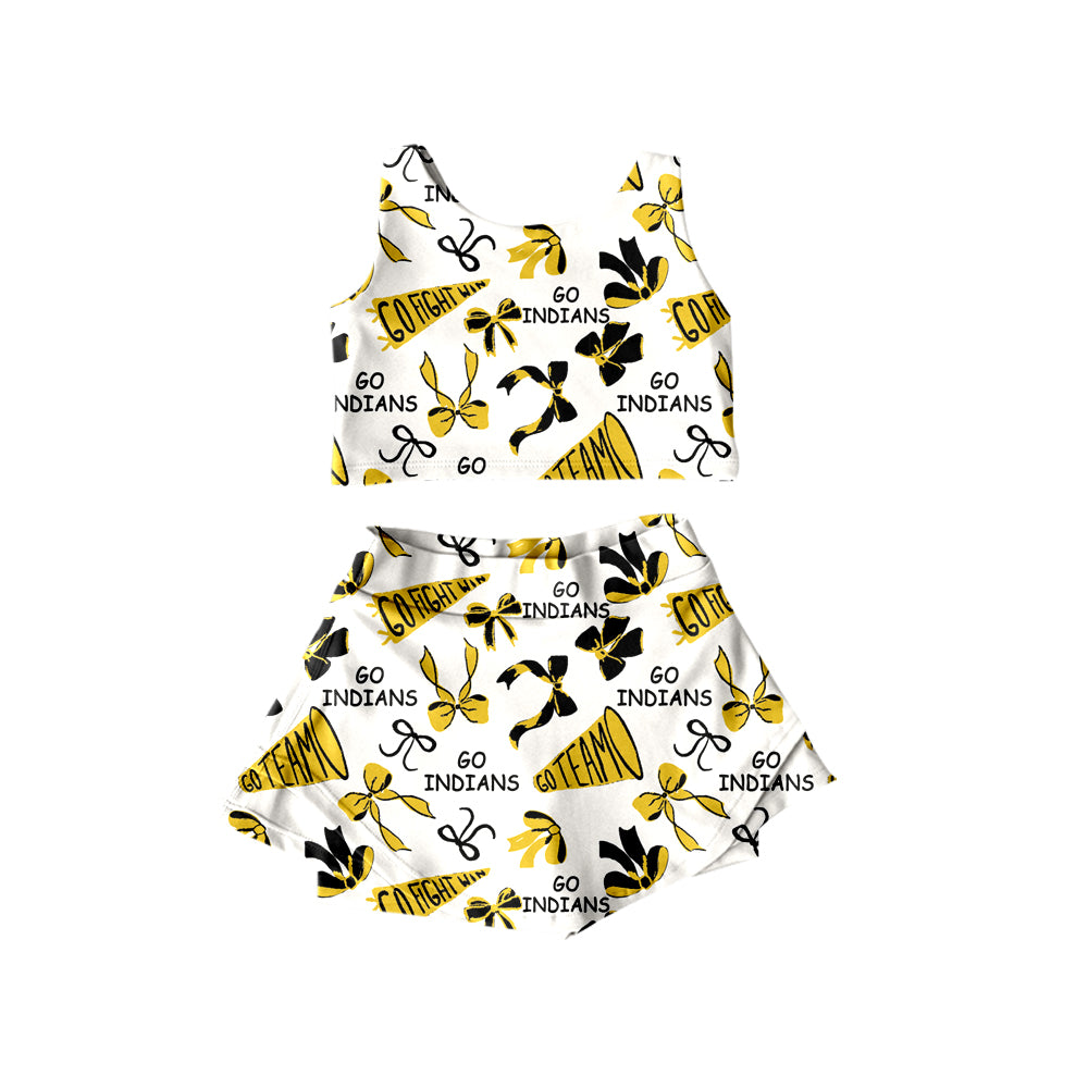 (Custom Design Preorder MOQ 5) Team's INDIANS Bows Print Shorts Skirts Girls Summer Yoga Clothes Set