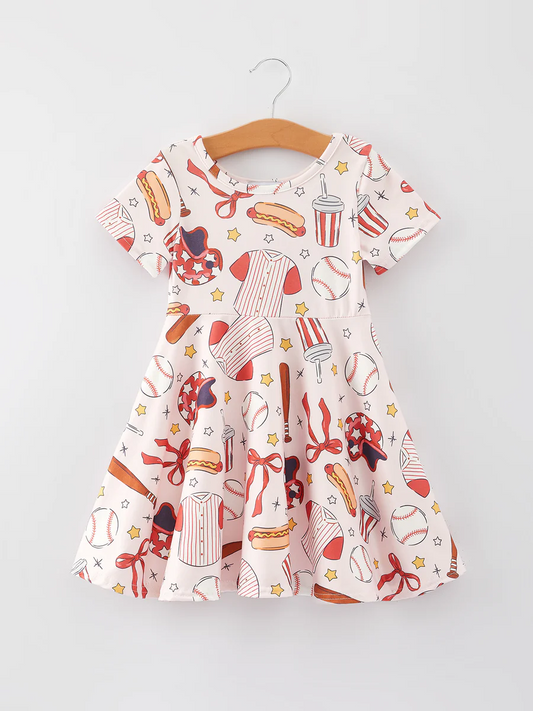 (Custom Design Preorder MOQ 5) Baseball Stars Print Girls Summer Knee Length Dress