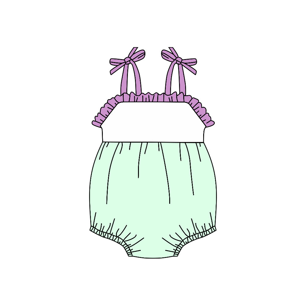 (Custom Design Preorder MOQ 5)  Green Color Baby Girls Summer Strap Romper