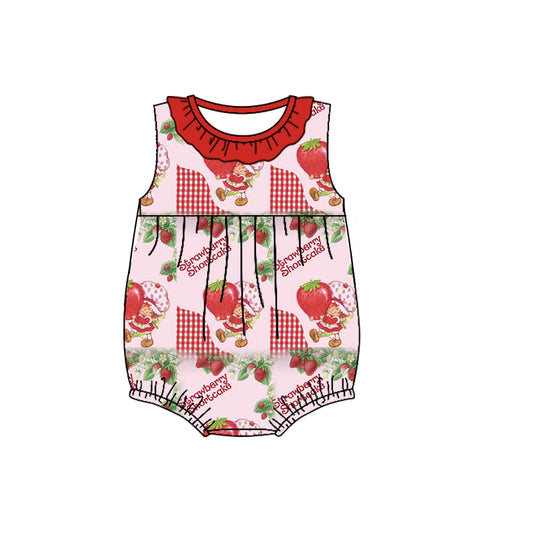 (Custom Design Preorder MOQ 5) Strawberry Shortcake Print Baby Girls Summer Sleeveless Romper