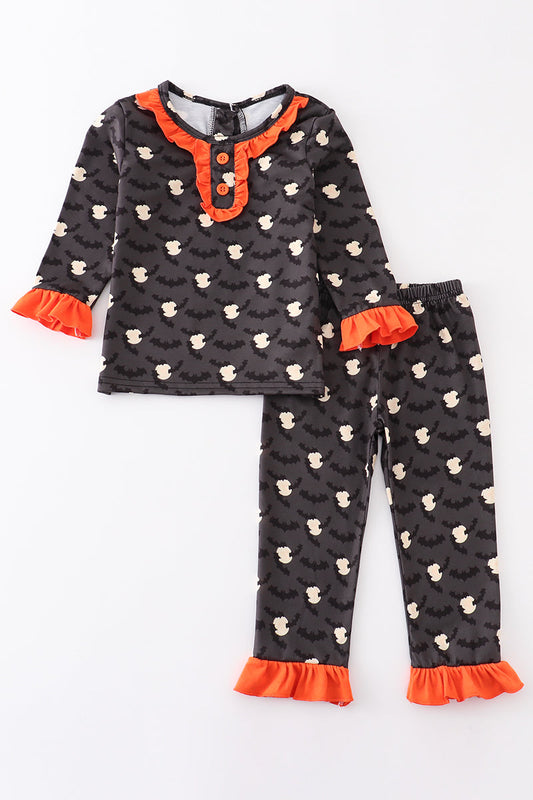 (Custom Design Preorder MOQ 5) Bat Black Print Girls Halloween Pajamas Clothes Set