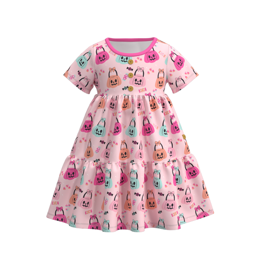 (Custom Design Preorder MOQ 5) Pumpkin Candy Print Girls Knee Length Halloween Dress