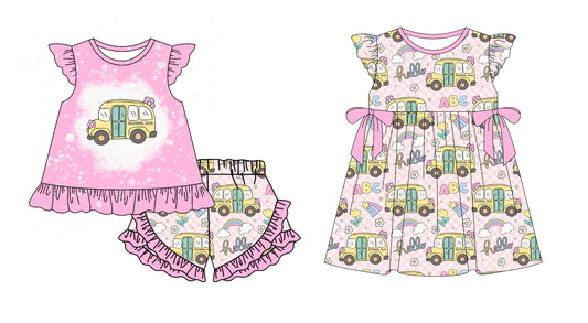 1.6(Custom Design Preorder MOQ 5 Each Design) Bus Flowers Rainbow Print Girls Back to School Matching Clothes Sisters Wear