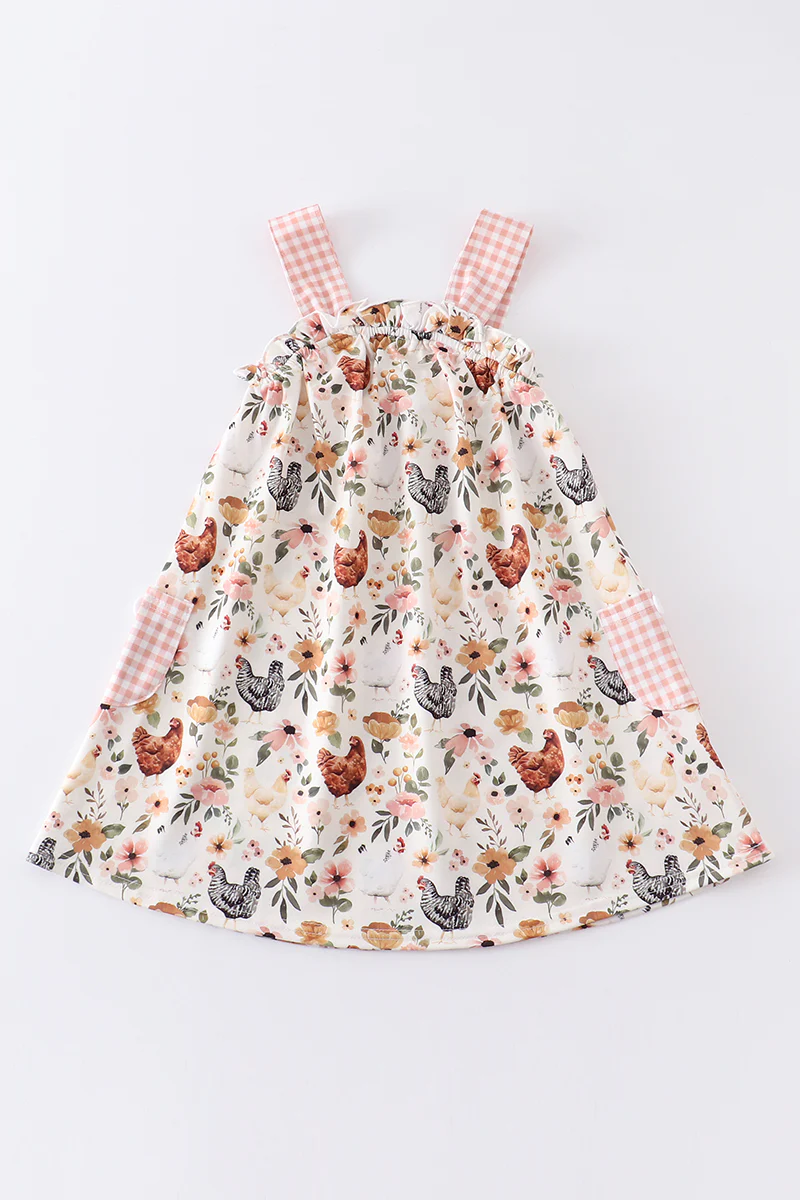 (Custom Design Preorder MOQ 5) Chicken Flowers Print Girls Pockets Knee Length Dress