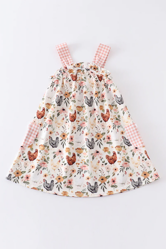 (Custom Design Preorder MOQ 5) Chicken Flowers Print Girls Pockets Knee Length Dress
