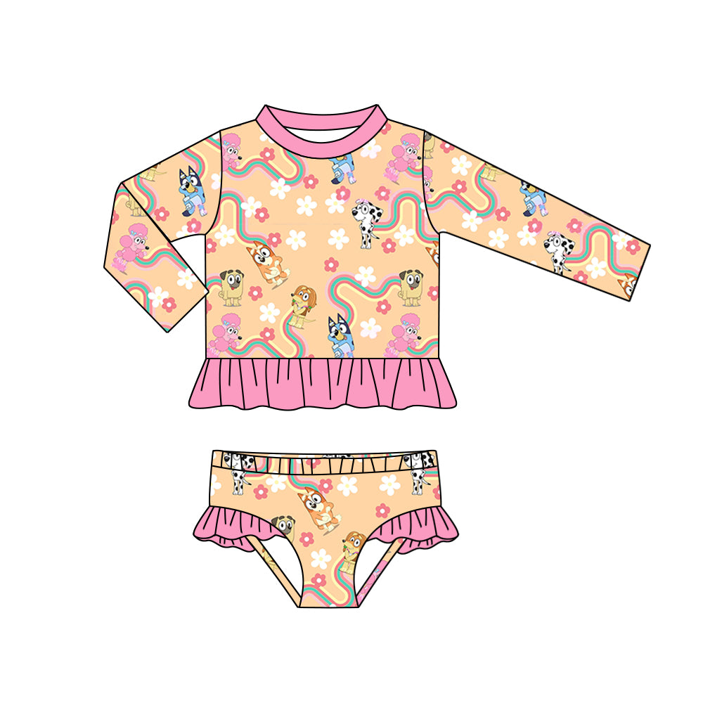 (Custom Design Preorder MOQ 5) Cartoon Dog Flowers Print Girls 2 Pieces Long Sleeve Swimsuits