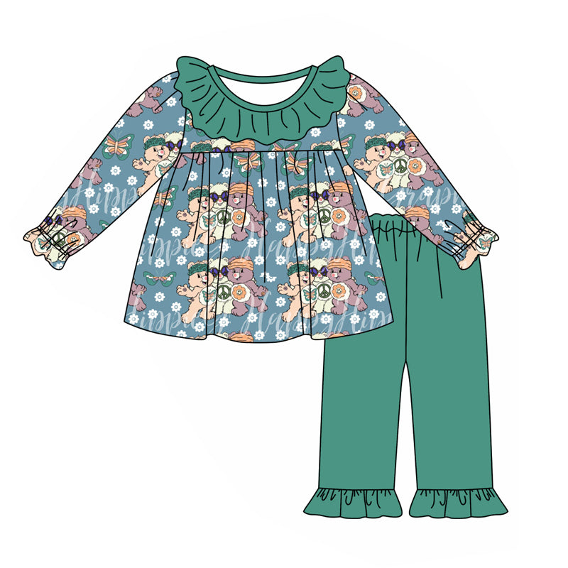 (Custom Design Preorder MOQ 5) Cartoon Bear Butterfly Tunic Top Green Pants Girls Fall Clothes Set