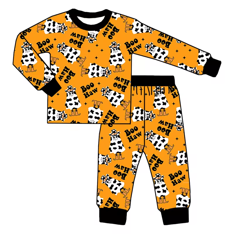 (Custom Design Preorder MOQ 5) Ghost BOO HAW Print Kids Halloween Pajamas Western Clothes Set