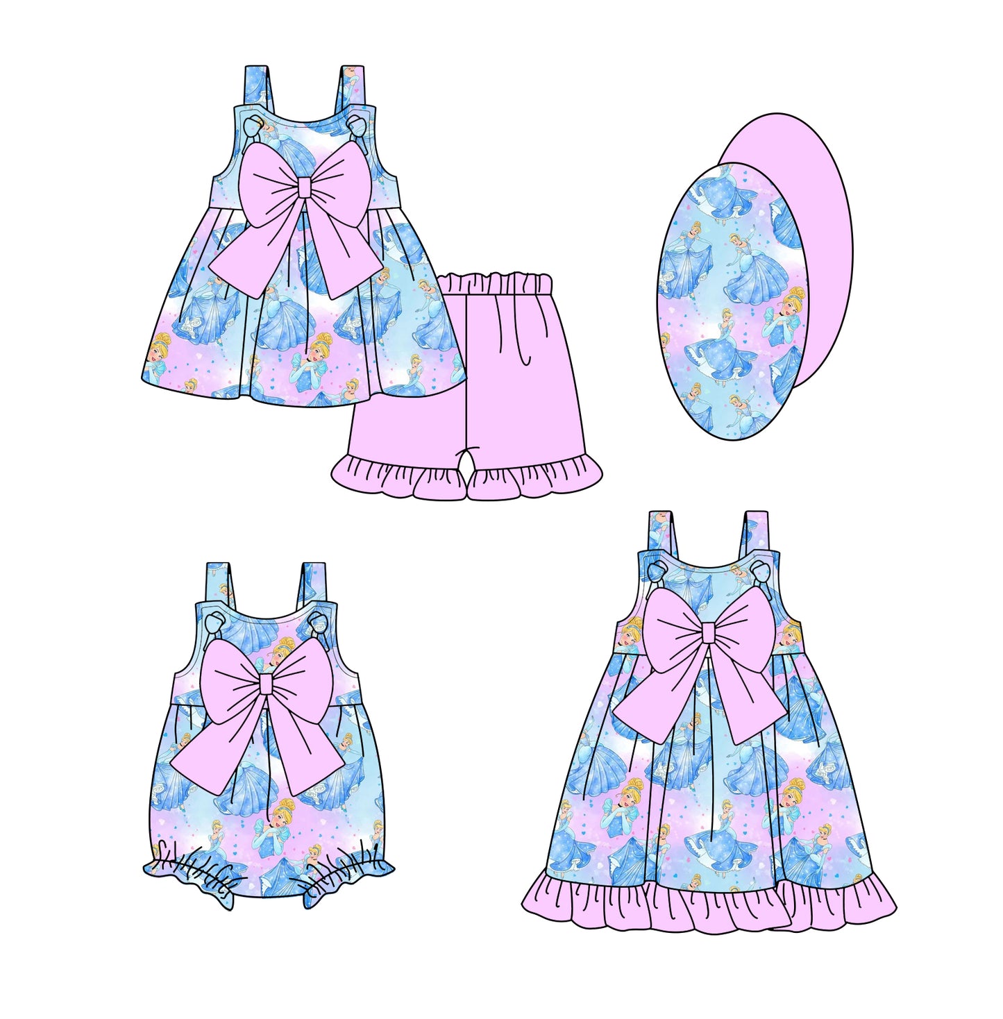 1.6(Custom Design Preorder MOQ 5 Each Design) Cartoon Princess Blue Print Girls Summer Matching Clothes Sisters Wear