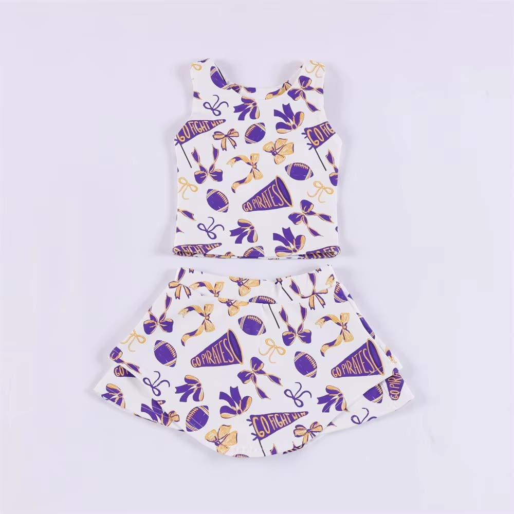 (Custom Design Preorder MOQ 5) Team's Cheer Bows Purple Print Shorts Skirts Girls Summer Yoga Clothes Set