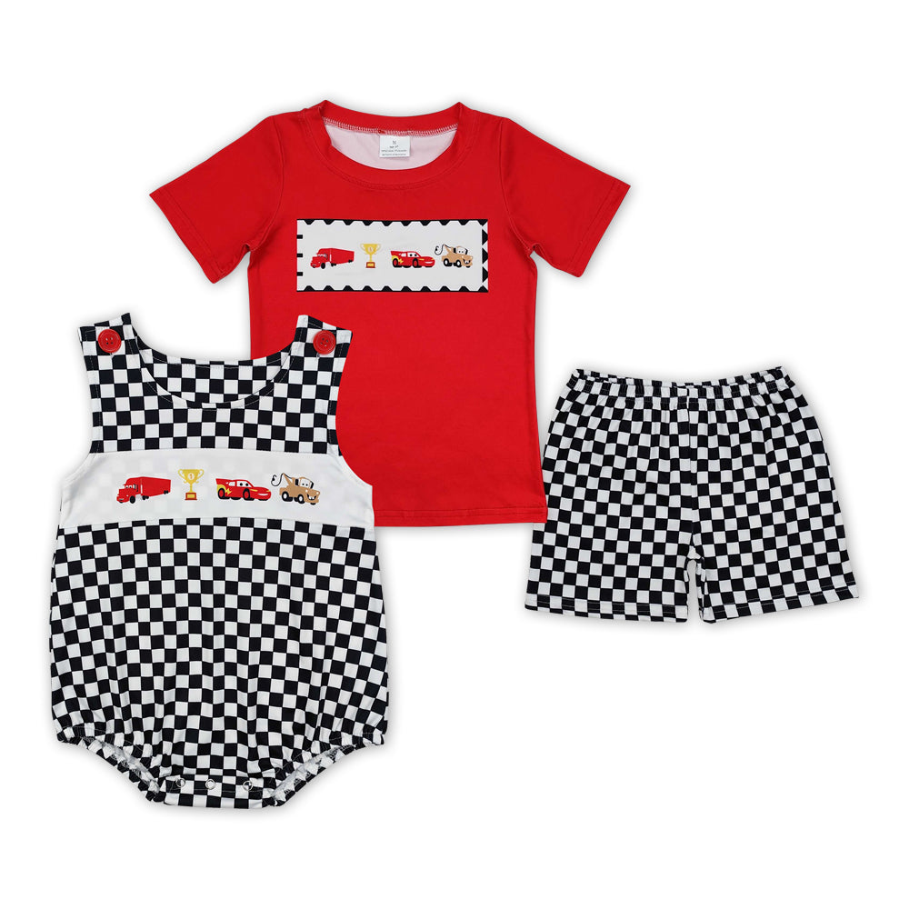 Cartoon Cars Black Plaid Print Brothers Summer Matching Clothes