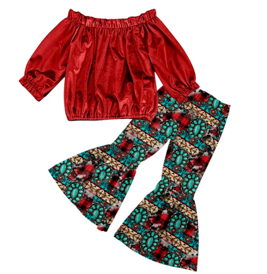 (Custom Design Preorder MOQ 5) Red Velvt Top Turquoise Brll Pants Girls Clothes Set