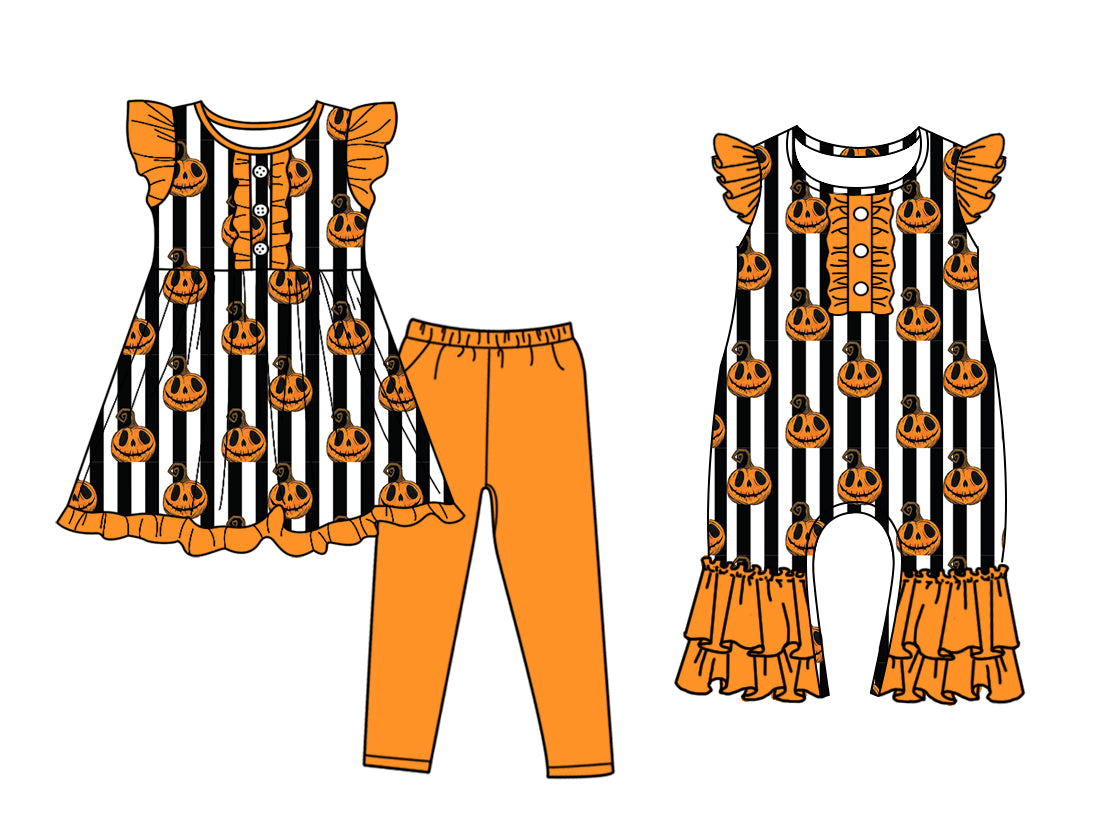 5.5(Custom Design Preorder MOQ 5 Each Design) Pumpkin Print Girls Halloween Matching Clothes Sisters Wear