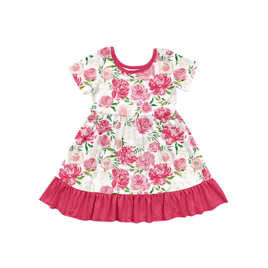 12.10(Custom Design Preorder MOQ 5) Pink Flowers Print Girls Summer Knee Length Dress