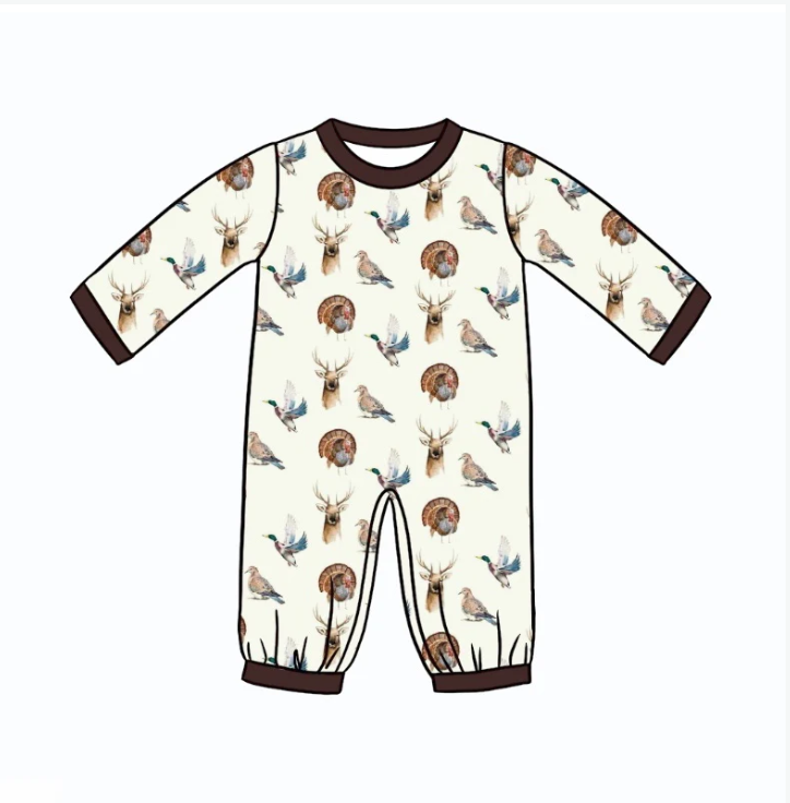 (Custom Design Preorder MOQ 5) Duck Deer Turkey Print Thanksgiving Baby Boys Romper