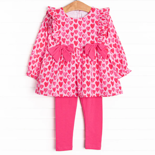(Custom Design Preorder MOQ 5) Heart Tunic Top Hotpink Pants Girls Valentine's Day Clothes Set