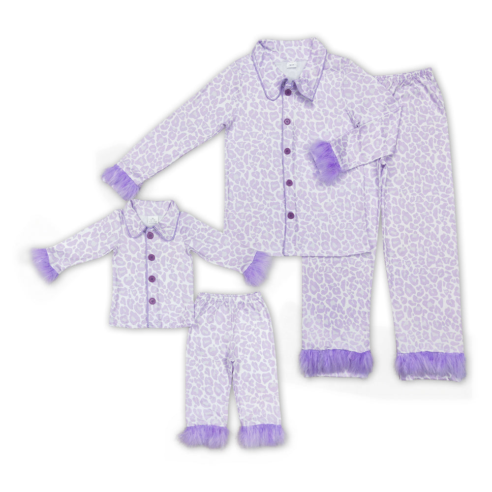 Purple Leopard Print Mom and Me Matching Fall Buttons Fur Pajamas Clothes Set