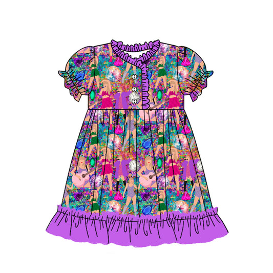 12.12(Custom Design Preorder MOQ 5) Singer Swiftie Purple Print Girls Summer Pajamas Knee Length Dress