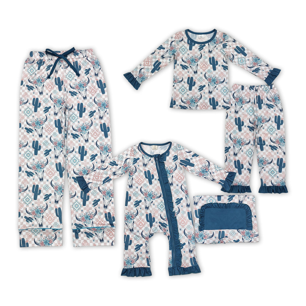 Cow Skull Flowers Aztec Print Family Western Pajamas Matching Clothes