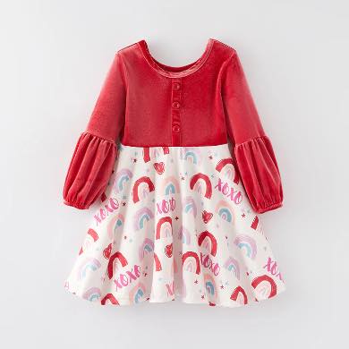 (Custom Design Preorder MOQ 5) Rainbow XOXO Print Girls Valentine's Day Knee Length Velvet  Dress