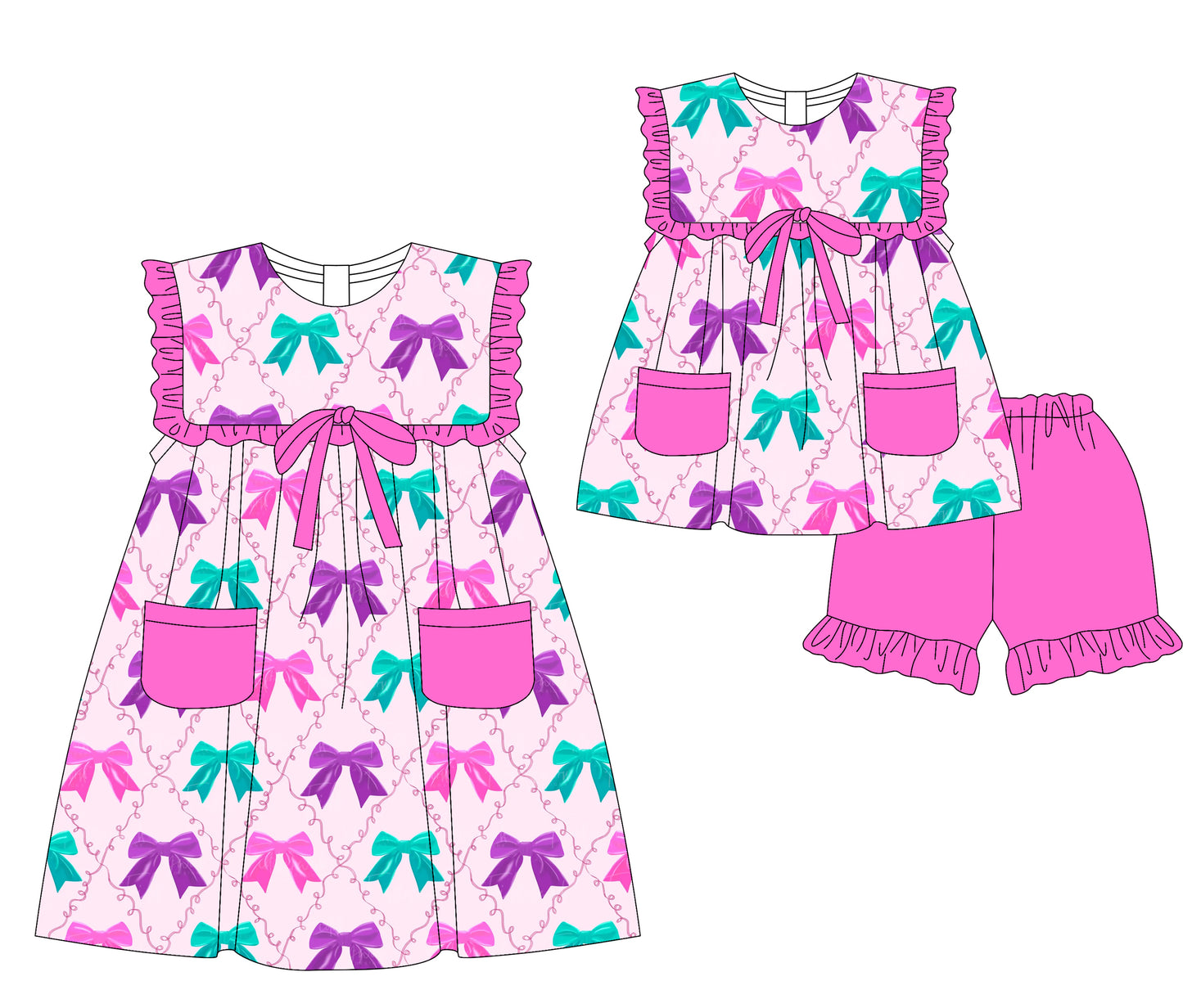 3.5(Custom Design Preorder MOQ 5 Each Design) Colorful Bows Print Pockets Girls Summer Matching Clothes Sisters Wear