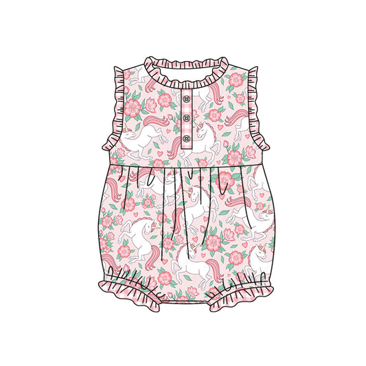 (Custom Design Preorder MOQ 5) Pink Unicorn Flowers Print Baby Girls Summer Romper