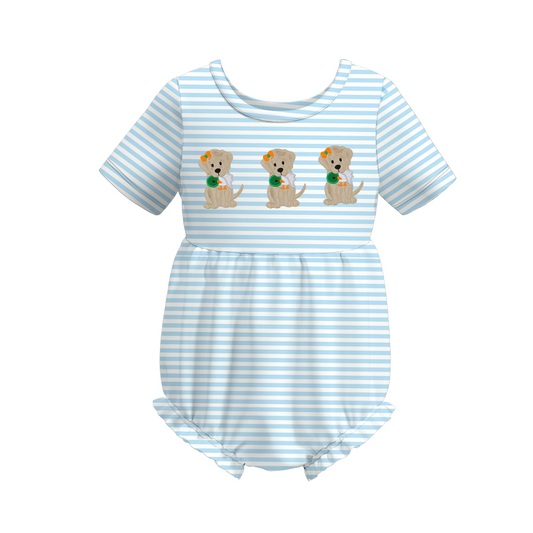 (Custom Design Preorder MOQ 5) Dog Duck Blue Stripes Print Baby Girls Hunting Romper