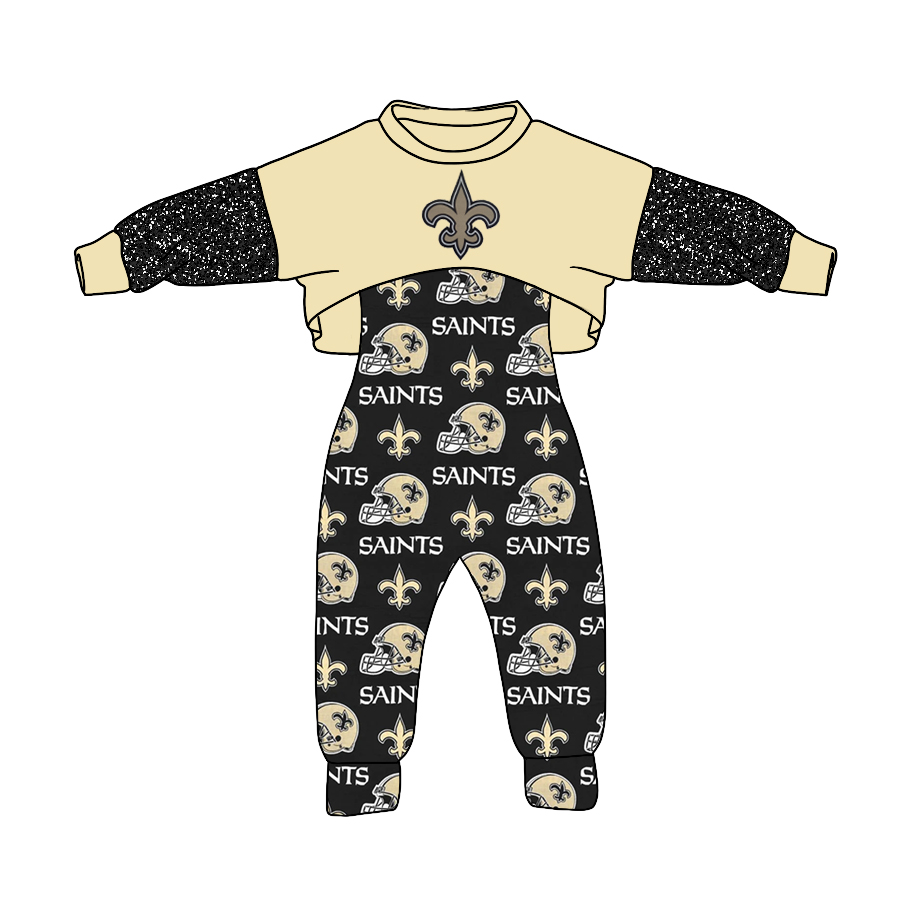 (Custom Design Preorder MOQ 5) Team's SAINTS Print Jumpsuits Girls Fall Clothes Set