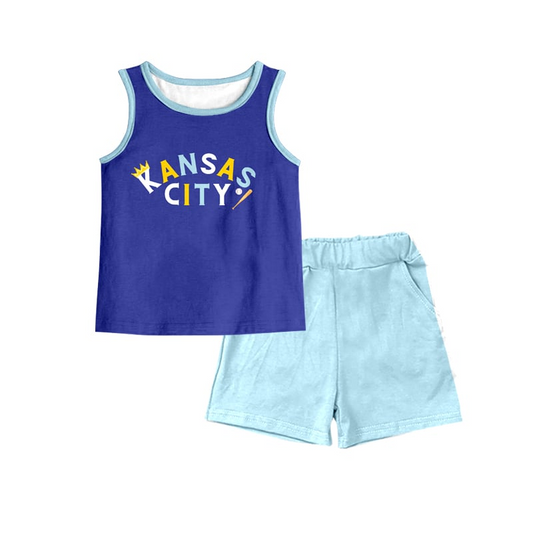 (Custom Design Preorder MOQ 5) KANSAS CITY Blue Print Shorts Boys Summer Clothes Set