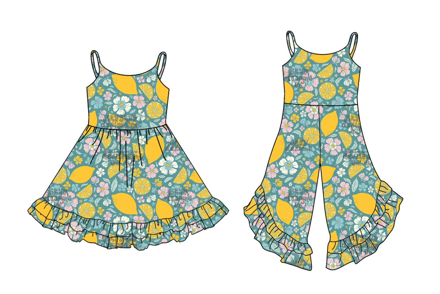 4.14(Custom Design Preorder MOQ 5 Each Design) Lemon Flowers Print Girls Summer Matching Clothes Sisters Wear