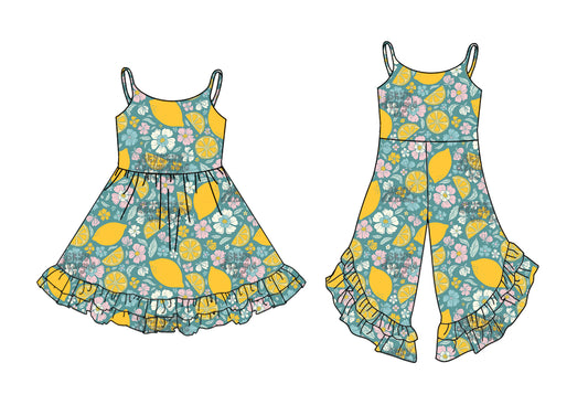 4.14(Custom Design Preorder MOQ 5 Each Design) Lemon Flowers Print Girls Summer Matching Clothes Sisters Wear