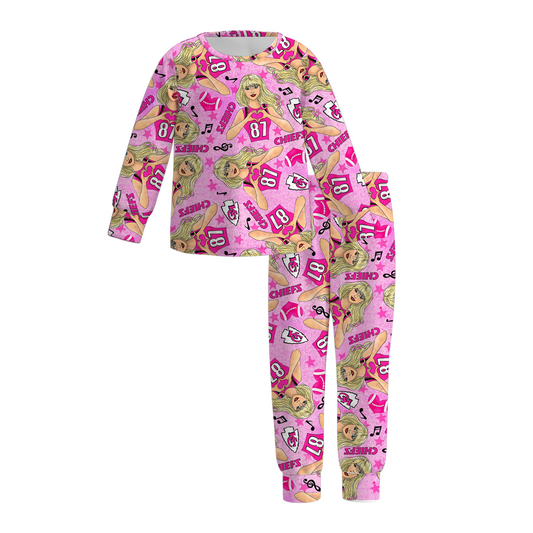 (Custom Design Preorder MOQ 5)  Singer Swiftie Hotpink Print Girls Fall Pajamas Clothes Set