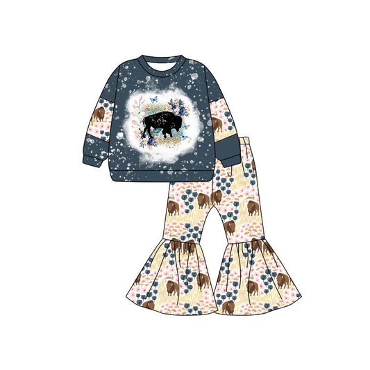 (Custom Design Preorder MOQ 5) Highland Cow Flowers Print Bell Pants Girls Western Clothes Set