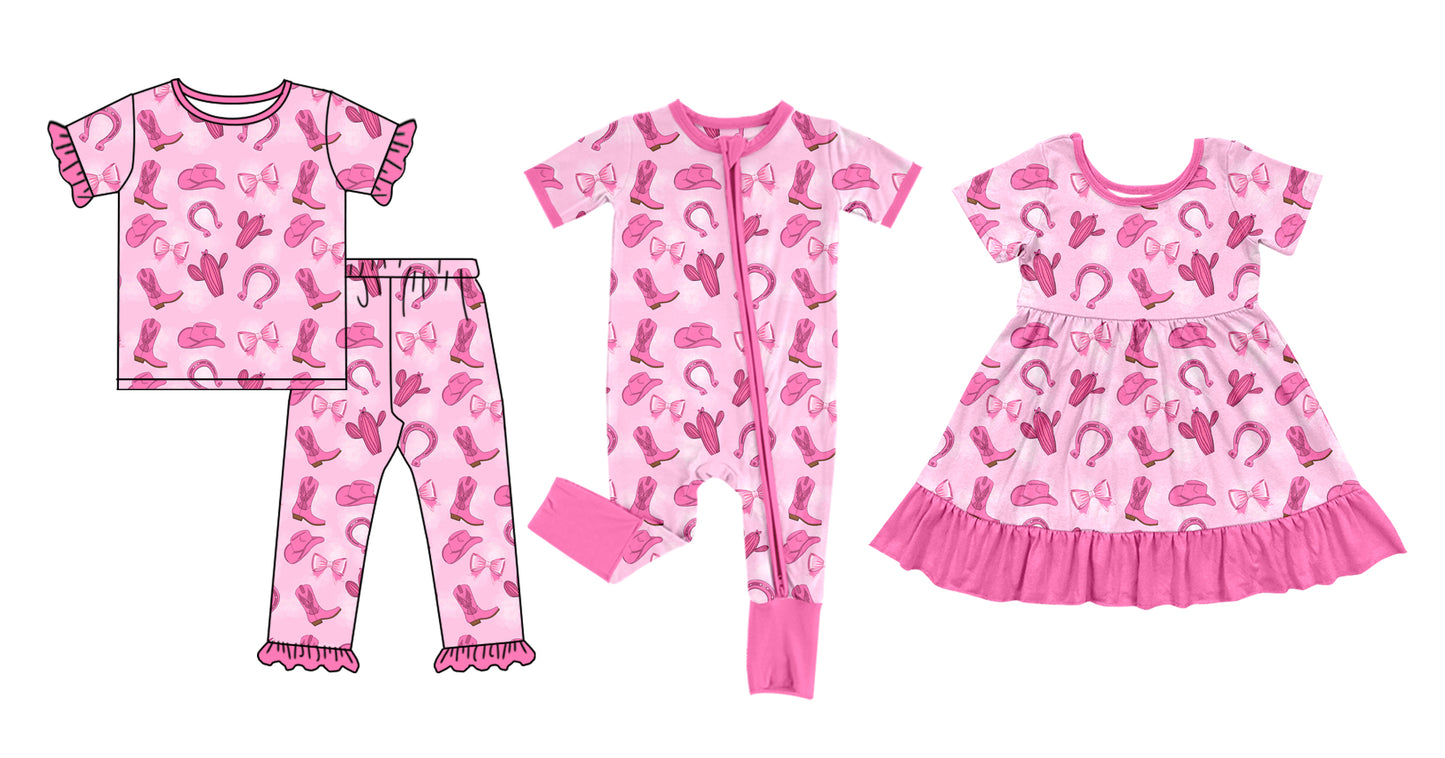 12.1(Custom Design Preorder MOQ 5 Each Design) Pink Boots Hat Cactus Pink Print Girls Western Pajamas Matching Clothes Sisters Wear