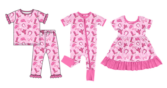 12.1(Custom Design Preorder MOQ 5 Each Design) Pink Boots Hat Cactus Pink Print Girls Western Pajamas Matching Clothes Sisters Wear