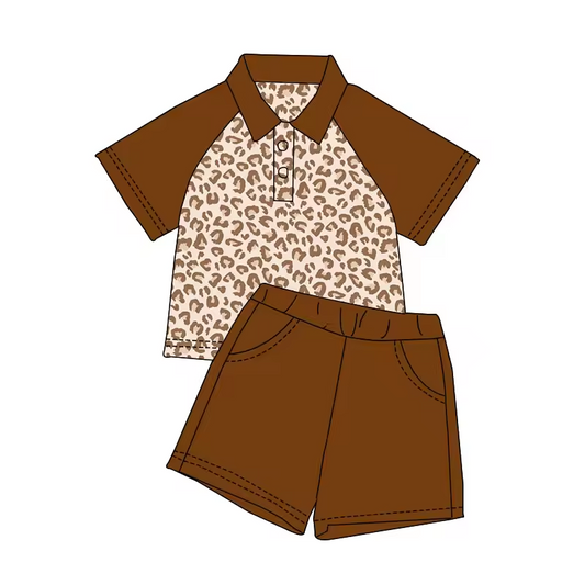 (Custom Design Preorder MOQ 5)  Leopard Polo Top Brown Shorts Boys Summer Clothes Set