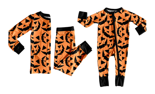 7.23 (Custom Design Preorder MOQ 5 Each Design) Smiling Face Orange Print Kids Halloween Pajamas Matching Clothes